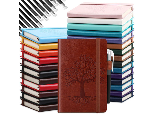 30 Set A6 Leather Pocket Notebook Journals with Pens, Small Hardcover Notebooks Set, 3.7 x 5.5 Inch Mini Lined Journals with Pen Holder for School...