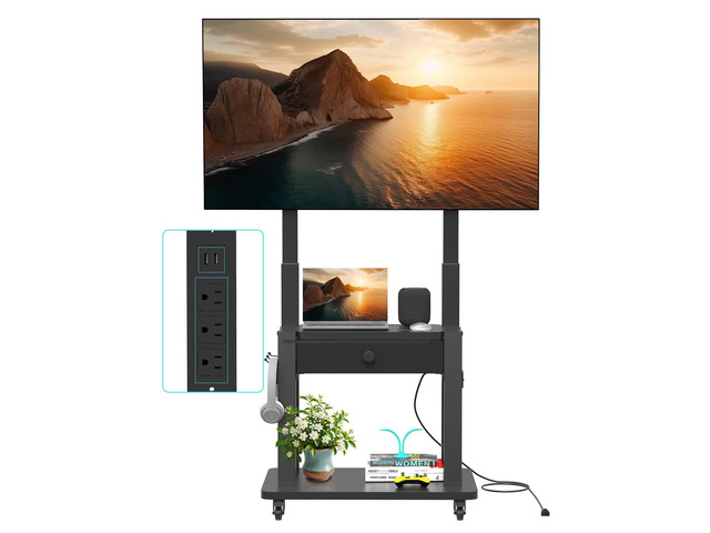 Rolling TV Stand with Power Outlet and Fabric Drawer for 32-75 Inch Flat/Curved Screen up to 220lbs LCD/LED/OLED Adjustable Height Mobile TV Cart...