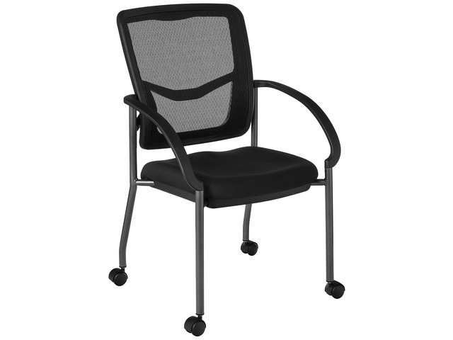 Office Star ProGrid Deluxe Stackable Visitor's Chair with Breathable Back and Padded Lumbar Support Seat, with Rolling Casters, Coal FreeFlex
