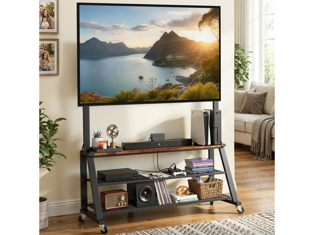 Rolling TV Stand with Mount for up to 75 Inch TVs, Rustic Brown Mobile TV Cart with Lockable Wheels, Power Outlets for Living Room, Dining Room &...