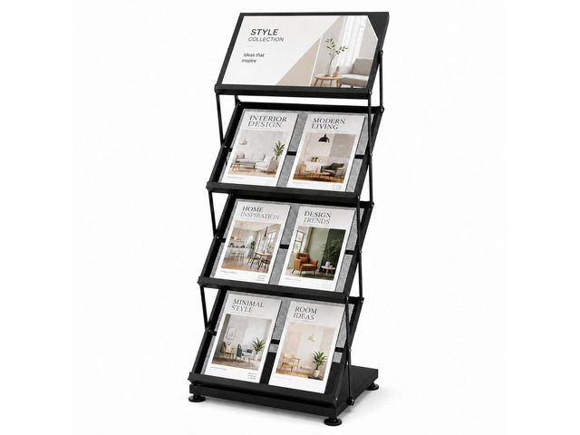 Foldable Magazine Display Racks, 4 Pockets Brochure Display Rack with Wheels, Brochure Catalog Display Stand for Living Room, Hotel, Trade Show,...