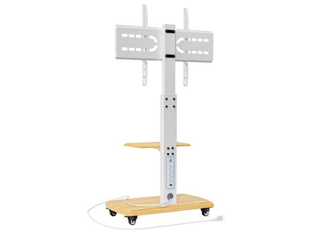 Rolling TV Stand with Power Outlet for 32 to 80 inch TVs, White Up to 131lbs, Height Adjustable, Spacious Shelf, for Living Room, Bedroom,...