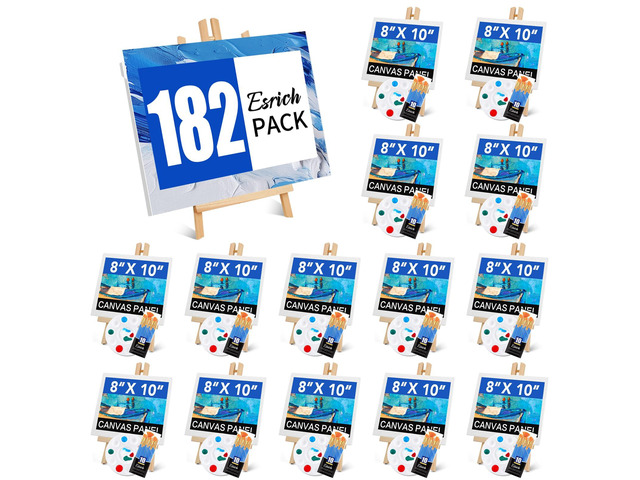 182 Pack Canvas with Easel Set 8 x 10 in Canvas Boards with 11.8 in Wooden Easels, Paint Brushes Canvas Panel Painting Kit for Acrylic Oil...