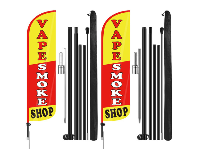 2 Pack 15 Feet Smoke Shop Flags Feather Signs Smoke Shop Swooped Banners with Flag Pole Kit for Outside Outdoor Business Advertising Decoration
