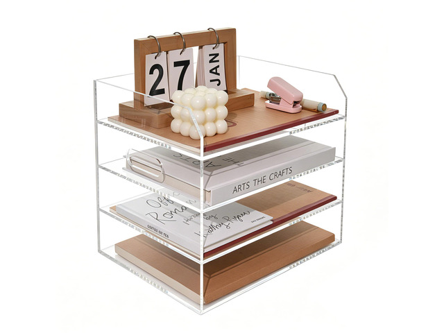 Paper Tray Organizer for Desk, 4 Tier Acrylic Desk Organizers and Accessories, One-Piece Integrated A4 Paper Organizer with Handles, Crystal-Clear...