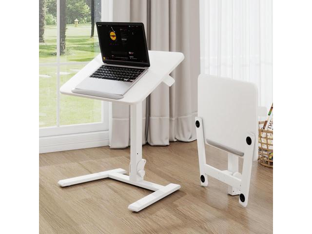 25' Mobile Folding Desk, Pre-Assembled Pneumatic Sit-Stand, White Height Adjustable Laptop Table, 0-90° Tilt Top Computer Cart for Home Office,.
