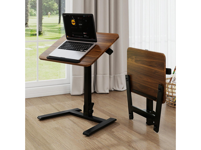 25' Mobile Folding Desk, Pre-Assembled Pneumatic Sit-Stand, Walnut Height Adjustable Laptop Table, 0-90° Tilt Top Computer Cart for Home Office,...
