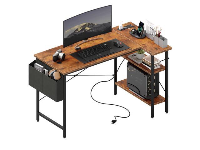 Corner Gaming Desk with Power Strip, Storage Shelves L Shaped 39 Inch Computer Workstation, Hanging Fabric Organizer, Home Office Bedroom, Brown