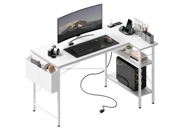 Corner Gaming Desk with Power Strip, Storage Shelves L Shaped 39 Inch Computer Workstation, Hanging Fabric Organizer, Home Office Bedroom, White