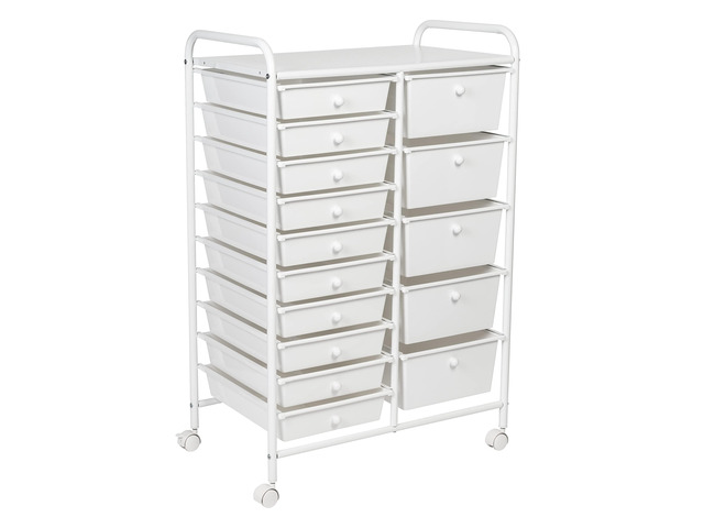 15-Drawer Metal Rolling Storage Cart, White Steel Multi-Purpose Organizer with Wheels, Heavy Duty Mobile Utility Trolley for Home Office, School,...