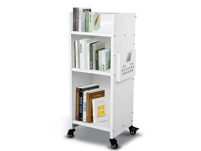 3-Tier Rolling Book Cart with Wheels, Height Adjustable Single-Sided L-Shaped Metal Library Cart with Side Basket, 200 LBS Heavy Duty Capacity for...