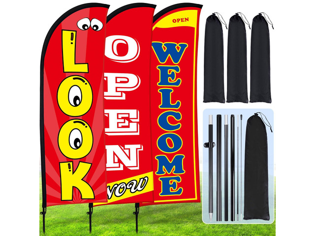 3 Sets Now Open Look Welcome Feather Flag Banners Advertising Sign for Business 7 Feet Tall Open Swooper Flag Sign with Fiberglass Pole Kit...