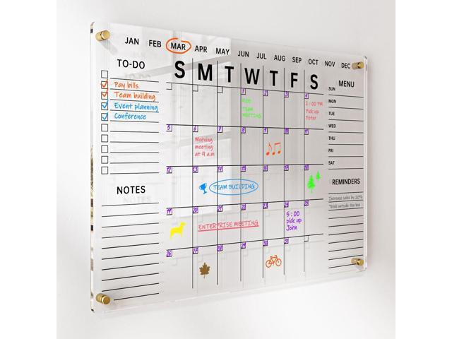 Acrylic Wall Calendar with Dry Erase Surface 28x20 Clear Monthly Planning Board Includes 8 Color Markers, Eraser, Multi-Color Standoff Screws,.