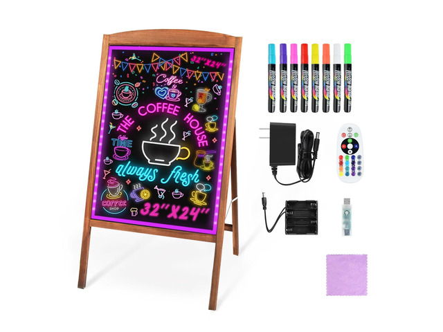 LED Message Writing Board 32'x24', Standing A-Frame Wooden Drawing Board Illuminated Erasable Neon Menu Sign, 8 Colors Markers & 16 Lighting Colors...