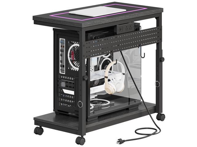 31.5' Large Computer Tower Stand with Power Outlet, Under-Desk PC Cart with 2 Hooks, PC Stand with LED, Height Adjustable PC Tower Holder on.