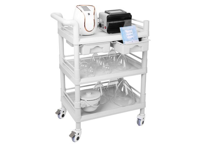 Beauty Trolley Cart with Wheels, Esthetician Cart with Handrail, Bucket and 2 Big Drawer, 3 Tier Heavy Duty Vacuum Therapy Machine Trolley, Load...