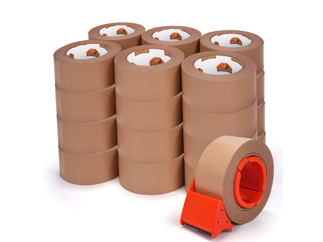 24Rolls Eco-Friendly Paper Packing Tape with Dispenser, Waterproof Coated Kraft Packaging Tape 2Inch x 55Yard Brown Cardboard Tape Self Adhesive...