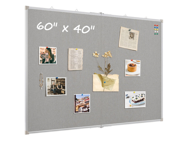Double-Sided Large Foldable Cork Board with Linen, 60' x 40' Hanging Aluminum Framed Bulletin Board, Gray Vision Board Pin Board Corkboards for...