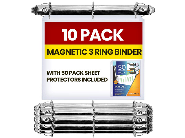 10 Pack Magnetic 3 Ring Binder Locking Mechanism for Hanging, 1 Inch D-Ring Holds 225 Sheets, Heavy Duty for 8.5 x 11 Paper, 50 Sheet Protectors...