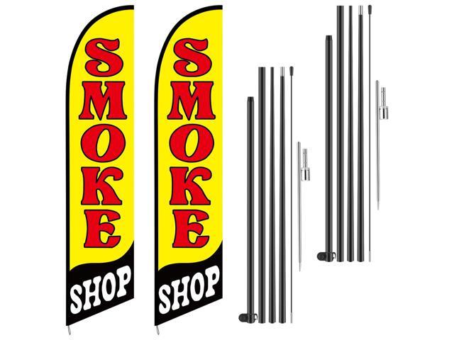 2 Set Smoke Shop Feather Flag Pole Kit Smoke Shop Sign Banner Advertising Feather Banner for Outside Outdoor Business Decoration(15 ft)