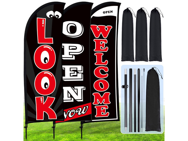 3 Sets Now Open Look Welcome Feather Flag Banners Advertising Sign for Business 7 Feet Tall Open Swooper Flag Sign with Fiberglass Pole Kit...