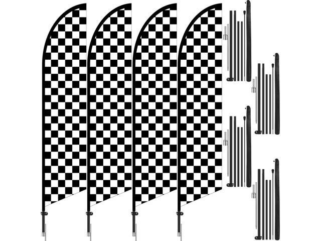 4 Sets Checkered Flag Banner Black and White Swooper Flag with Pole Kit Checkered Feather Racing Windless Full Sleeve Banner Finish Line Sign Kit.