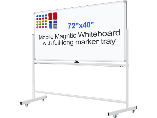 72'x40' Double-Sided Mobile Magnetic Whiteboard on Wheels Large Rolling Dry Erase Board with Stand Portable & Reversible Easel for Office/Classroom