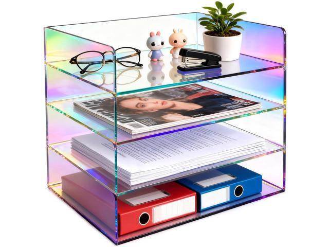 Acrylic File Organizer for Desk 4 Tiered Stackable Letter Tray Office Paper Storage Desktop Document Sorter, Iridescent