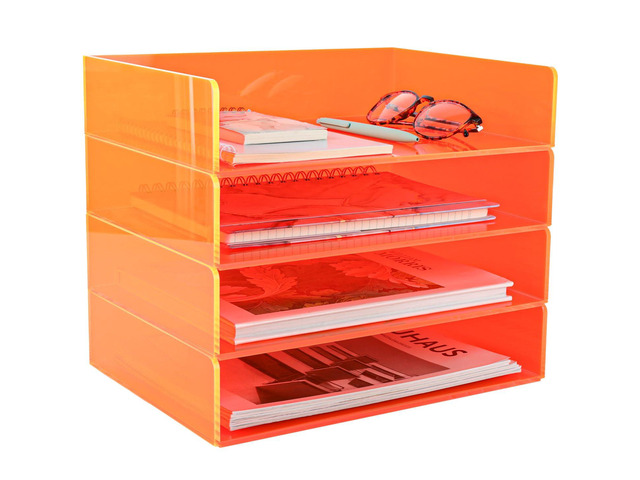 Acrylic File Organizer for Desk 4 Tiered Stackable Letter Tray Office Paper Storage Desktop Document Sorter, Neon Orange
