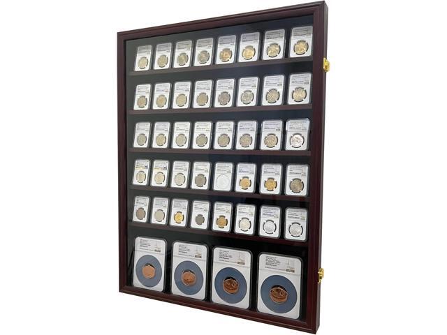 Wall-Mounted Walnut (5 Standard+1 Oversize Row) Wooden Coin Slab Display Case Holder Frame Cabinet Storage for Coin Collection Medal Badges Sport.