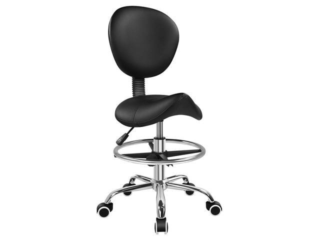 Black Saddle Drafting Chair with Back Swivel Office Chair with Footrest Height Adjustable for Work Home Computer Task Stool Chair with Wheels