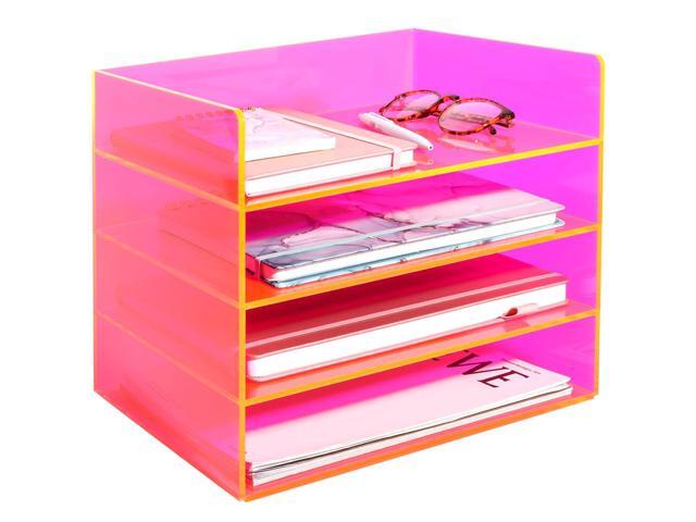 Acrylic File Organizer for Desk 4 Tiered Stackable Letter Tray Office Paper Storage Desktop Document Sorter, Neon Pink