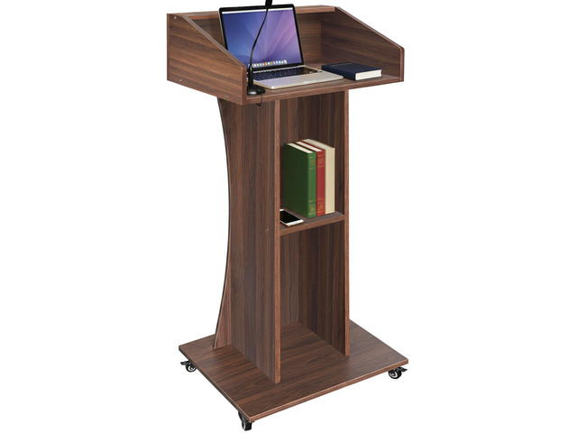 Podium Stand with Lockable Wheels,47'H Wooden Podium for Classroom, Mobile Pulpit Lectern with 3 Storage Shelves for Church, Office,Conference Room...