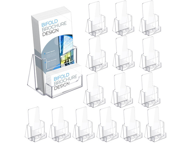 Acrylic Brochure Holder with Business Card 4.1 Inch Rack Card Holder Pamphlet Display Stand Organizer for Menu Flyer Magazine Office Booklets(16 Pcs)