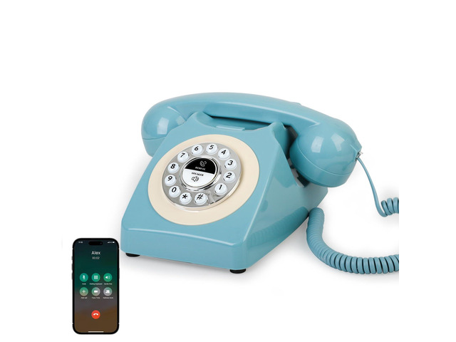 Retro Blue Bluetooth Landline Phone, Mid-Century Style Desk Telephone with Classic Handset, Loud Vintage Ringtones, Bluetooth Connects to...