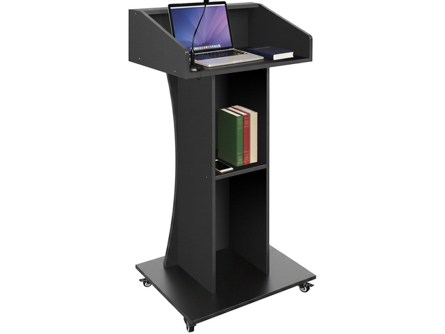 Podium Stand with Lockable Wheels,47'H Wooden Podium for Classroom, Mobile Pulpit Lectern with 3 Storage Shelves for Church, Office,Conference Room...