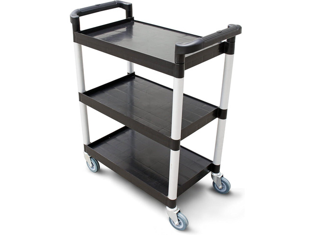 Heavy-Duty 3-Tier Plastic Utility Bus Cart with Locking Casters, 250 lb Capacity, 32 x 16 x 38 Inch, Black