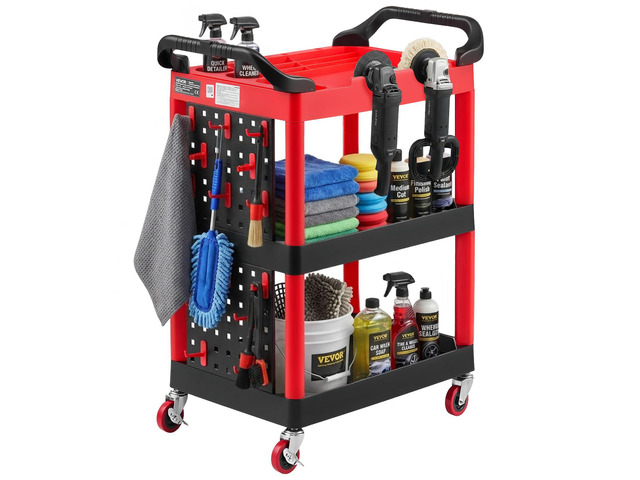 3 Tier Utility Cart on Wheels, 300 LBS Rolling Tool Storage with Pegboards & 360° Swivel Wheels (2 Brakes), Heavy Duty Plastic Rolling Cart for...