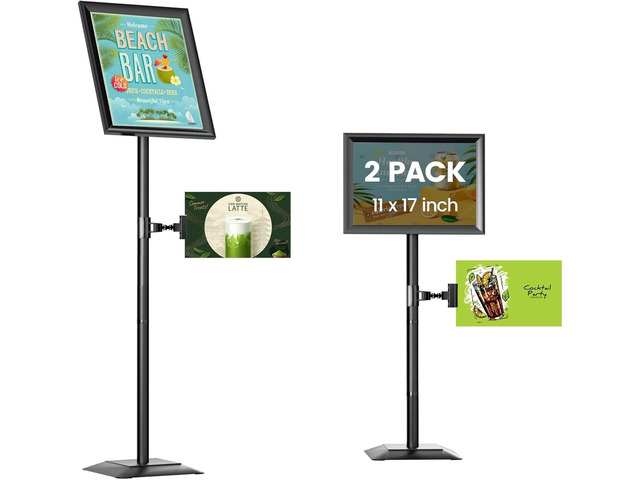 2 Pack Adjustable Sign Stand for Display, Heavy Duty Sign Holder Floor Stand with Base, Aluminum Snap Open Frame 11 x 17, with Anti-Slip Solid...