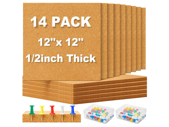 14 Pcs Cork Board Tiles 12 x 12 in 0.5 in Thick Square Bulletin Boards Cork Tiles Bulk with Push Pins Mini Natural Self Adhesive Backing Corkboards...