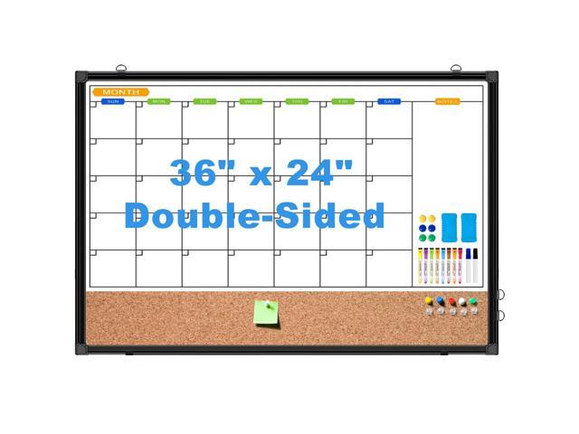 Whiteboard Calendar with Cork Board Combo for Wall, 36' x 24' Double-Sided, Hanging Wall Mount, Monthly Calendar Dry Erase Board and Bulletin.