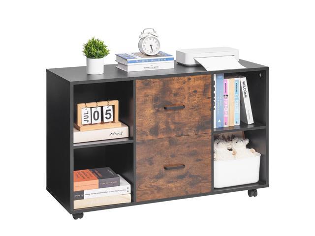 2 Drawer Wooden File Cabinet, Mobile Filing Cabinet with Open Shelves, Lateral Rolling File Storage with Lockable Wheels, Modern Free Standing...