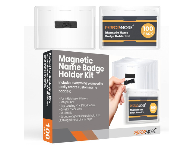 100 Pack of Magnetic Name Badge Holder Kit with Paper Inserts - 4 x3 Horizontal ID Card Name Tag for Conventions/Exhibitors- Can Be Use as Vaccine...