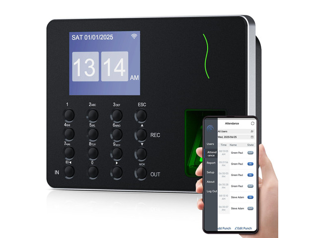 APP-Based Time Clock, Fingerprint & PIN Time Clocks for Employees Small Business, 2.4GHz WiFi Biometric Clock in Machine for Employees with APP for...