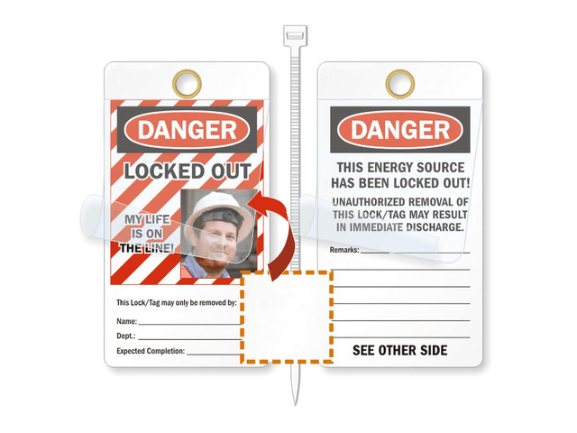 Locked Out My Life is On The Line 2 - Sided Lockout Tag 6' x 3.25' Vinyl with Self-Laminating Clear Flap, Pack of 25