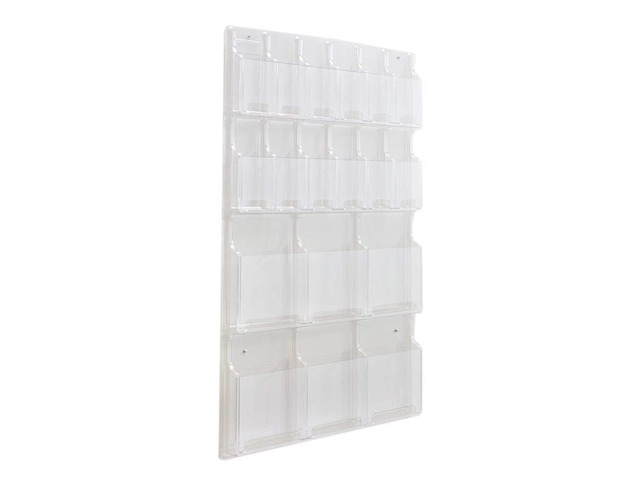 Reveal Literature Rack, 12 Pamphlet and 6 Magazine Holder, Wall-Mounted Brochure Organizer, Acrylic, Clear