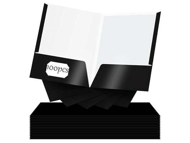 100 Pack Folder with 2 Pocket Glossy Laminated Letter Size Paper Folder with Pocket Bulk Paper Portfolios for School, Teacher, College, Office (Black)