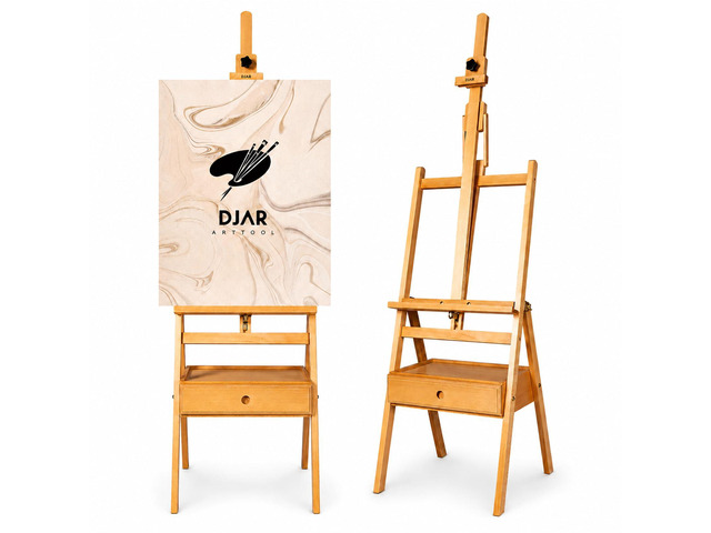 Solid Beech Wood H-Frame Art Easel with Storage Drawer, Natural Artist Painting Stand for Adults, Holds Canvas up to 36', Main Mast Adjustable to...