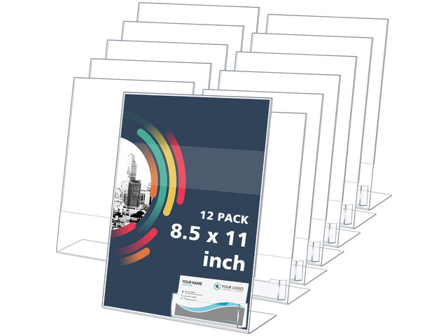12 Pcs Acrylic Sign Holder with Business Card Holder Slanted Paper Stand Clear Brochure Display Stand Heavy Duty Plastic Signs for Office Table...