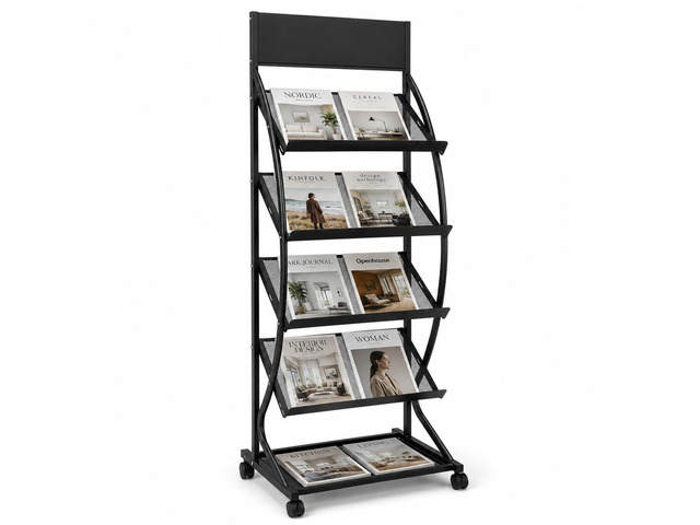 4-Layer Floor-Standing Brochure Display Rack with Wheels and Top Billboard Movable Metal Newspaper & Literature Display Stand for Trade Shows,...